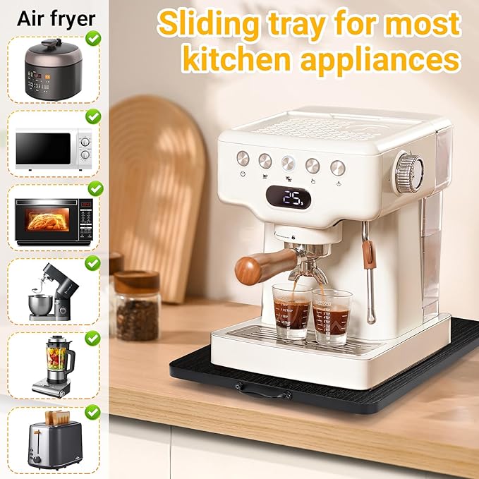 360° Rotatable Sliding Tray for Kitchen Appliances, Wooden Sliding Tray for Coffee Maker, Coffee Pot Slides for Countertop Installation, Easy to Slide (Black, Large)