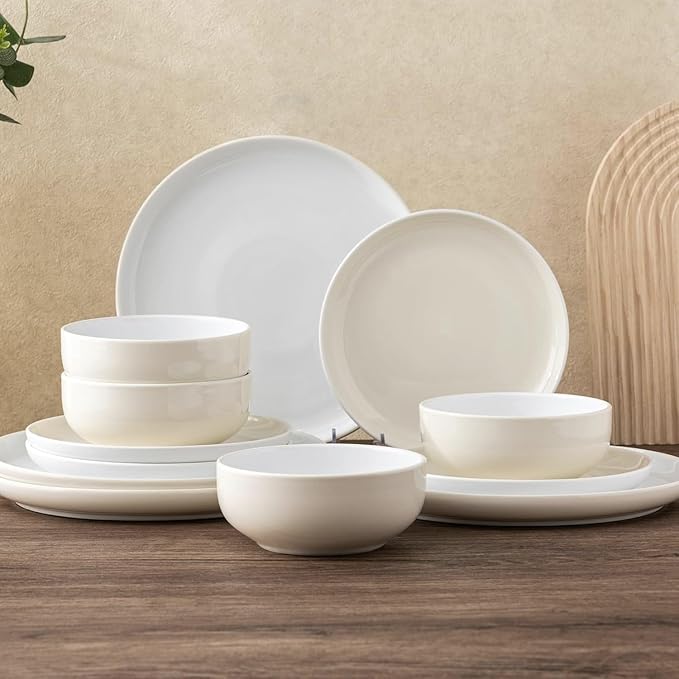 GBHOME 12 Pieces Ceramic Dinnerware Set, Modern White Dish Set for 4，Scratch Resistant Smooth Plates and Bowls Sets，Oven Safe，Microwave & Dishwasher