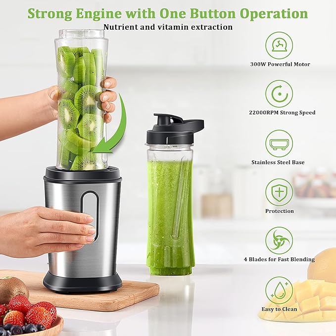 Electric Smoothie Blender, Powerful Small Blender with 2 Portable 20oz Tritan blender Bottles, BPA-Free Personal Blender with 4 Stainless Steel Blades, Mixer Smoothie Maker for Shakes and Smoothies