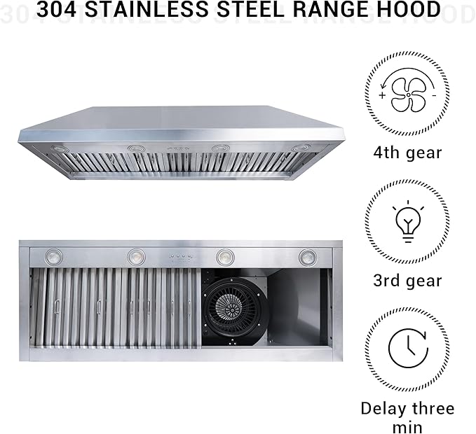 CHETTO C Stainless Steel Range Hood Cover with Quiet Vent Hood Insert Custom Handcrafted Metal Kitchen Fan with Towel Rack LED Light 42"W x21"D x30"H Brushed Stainless Steel Wall Mount