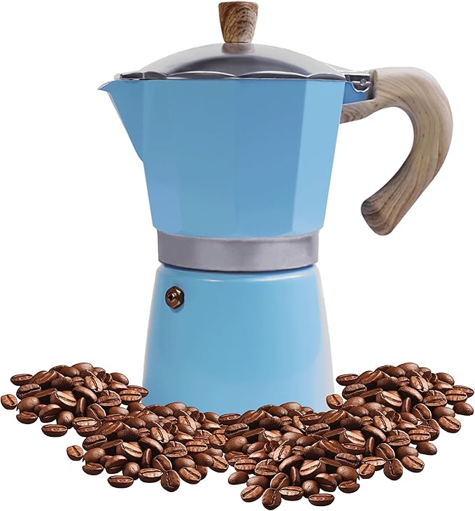 Moka Pot Espresso Coffee Maker and Manual Coffee Bean Grinder, 300ml-6 Cups Espresso Maker, Easy To Use And Clean, Camping Home Use,Suitable For Mocca Puccino Coffee (Blue)