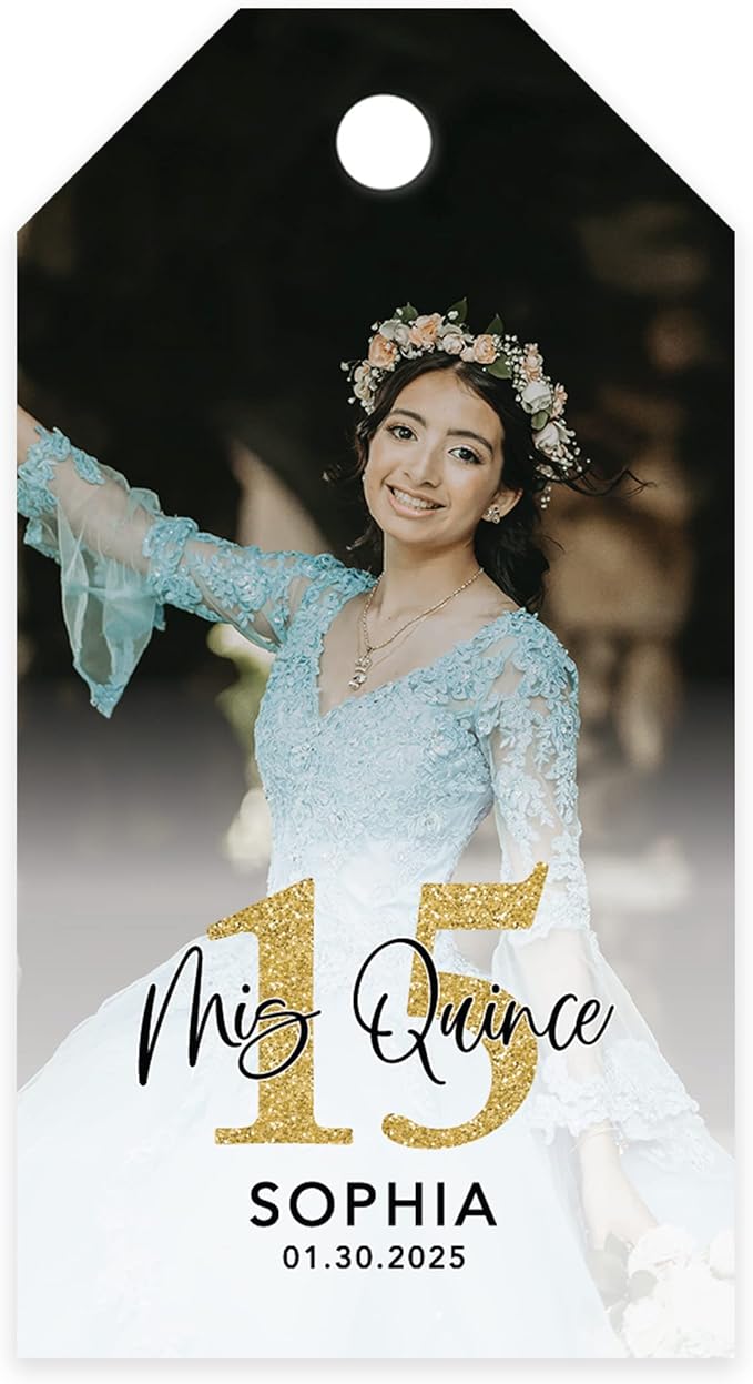 Andaz Press 40-Pack Personalized Quinceañera Favor Tags with String, Classic Gift Tags Mis Quince with Custom Photo for Quince Años, XV, 15th Birthday, Favor Gifts, Quinceanera Decorations