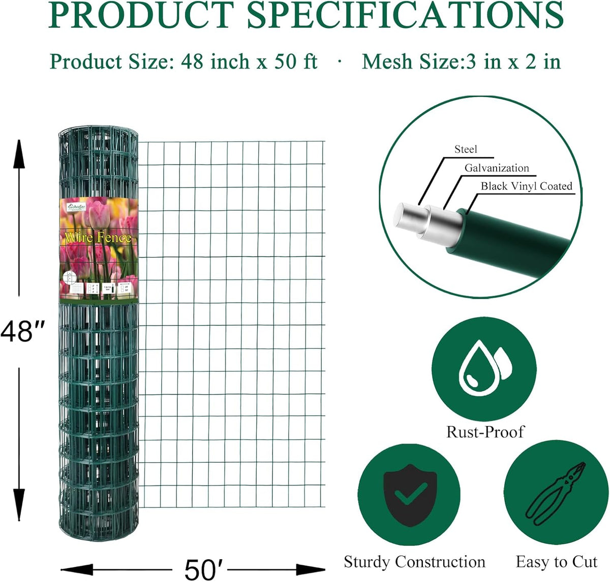 Green PVC Coated Welded Wire Fence 48 Inch x 50 Foot, 2 Inch x 3 Inch 16GA, Garden Border Fencing Roll Vinyl Coating Metal Wire Mesh for Yard Vegetable Plant Protection Poultry Netting