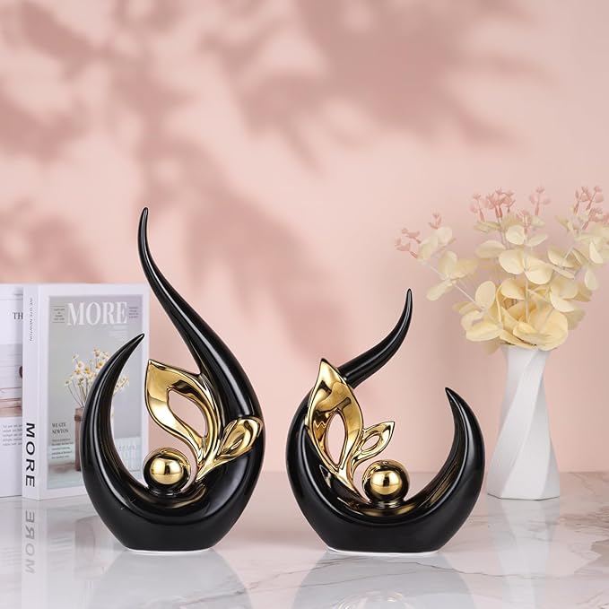 DOVDOV Black and Gold Home Decor, Abstract Ceramic Statue Set of 2 for Home Living Room Shelves, Coffee Tables, Shelves, Dining Table centerpieces