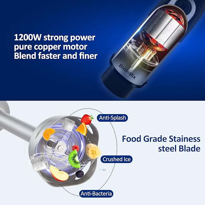 BioloMix Hand Blender 5 in 1 Immersion Blender 1000W, 6 Speed With Turbo Mode hand blenders immersion Stainless Steel Blade With 800ml Chopper, 600ml Mixing Beaker, Whisk and Milk Frother
