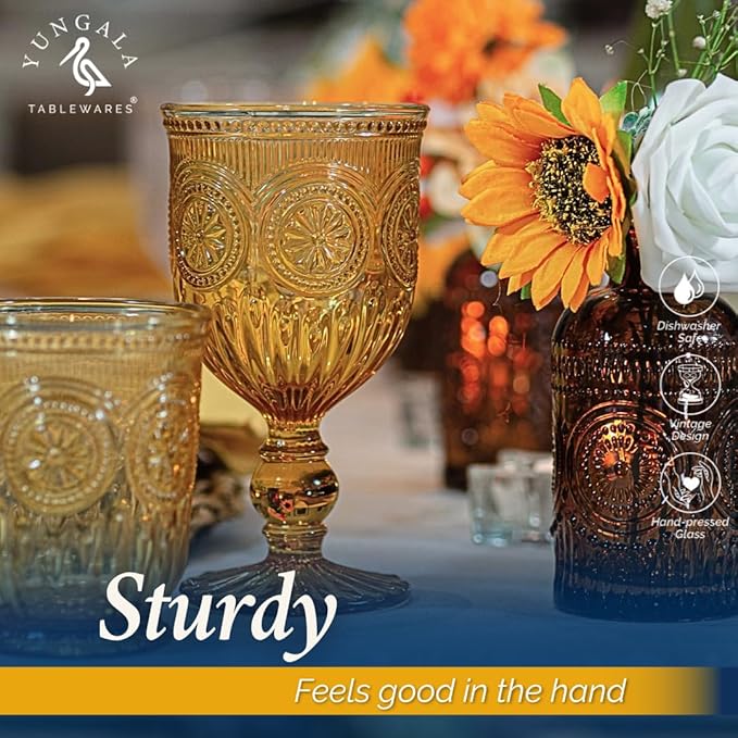 Amber Wine Glasses, set of 6 Glass Goblets made with Amber Glass (not coated or sprayed). Genuine Handcrafted Colored Glassware for your Fall Tablescape.