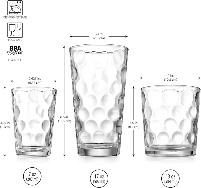 Home Essentials & Beyond Glassware Set 18 Piece Mixed Drinkware Set. 6 Highball Tumblers-17 oz., 6 Rock Whiskey-13 oz., and 6 Juice-7 oz. All Size Glass Cups Drinking Glasses. (Design on Inner Glass)