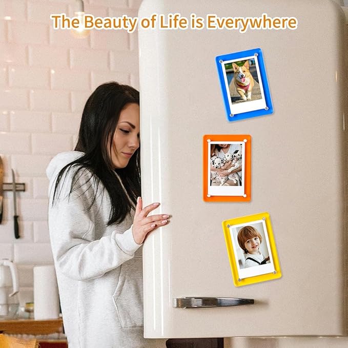 Acrylic Magnetic Refrigerator Picture Frames, 3x5 Inch Fridge Magnetic Mini Photo Frames Compatible with Polaroid Camera Photos for Refrigerator/Locker/Wall, Colorful 6 Pack