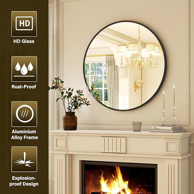 20 Inch Round Mirror - Circle Mirrors for Bathroom, Entryway and Living Room Wall Decor, Modern Hanging Vanity Mirror, Matte Black Circle Decorative Wall Mirror