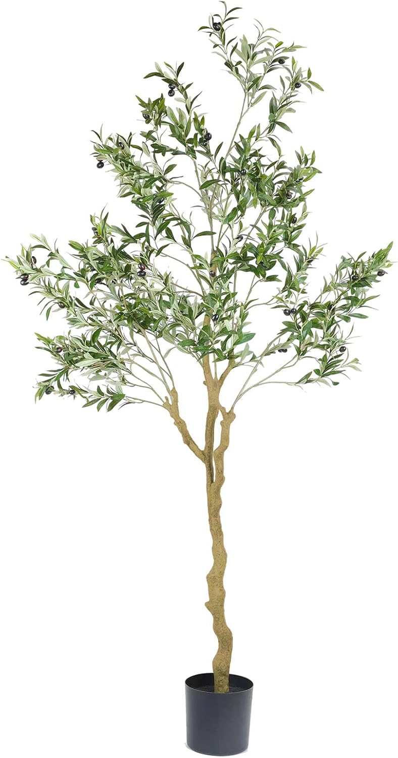 Tall Faux Olive Tree，7ft（84in） Realistic Potted Silk Artificial Indoor with Green Leaves and Big Fruits for Home Office Living Room Bedroom Stairs Foyer Decor.
