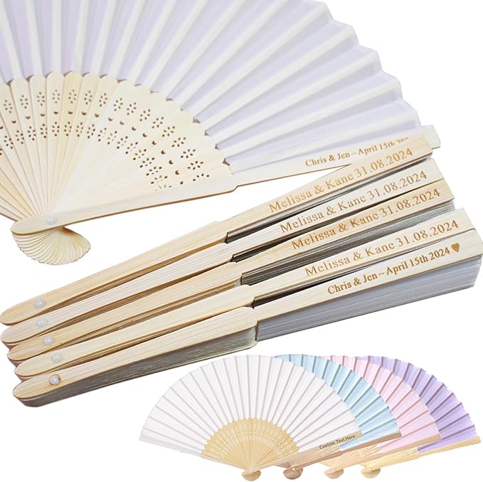 Personalized Engraved White Silk Fans Folding Hand Fans, Summer Wedding Fans, Custom Silk-Bamboo Fans Wedding Party Favor Bridal Shower Gifts (5 Pieces)