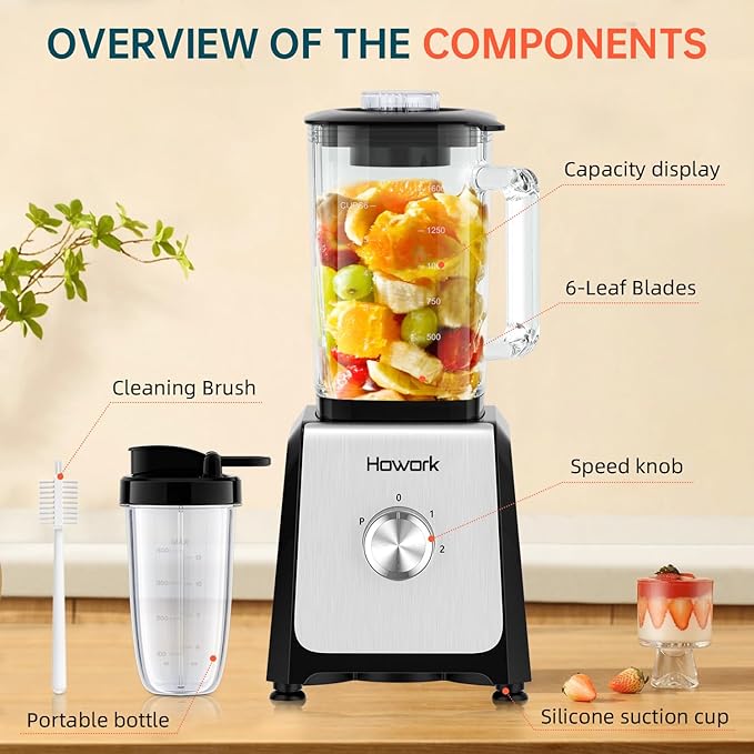 HOWORK Blender for Smoothies, 750W Personal Blender, 56 Oz Glass Jar, 16oz Portable Cups,2+p speed, 3 Functions for Smoothies, Frozen Drinks & Ice Cream,Black