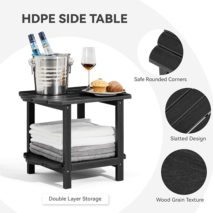 Small Outdoor Side Tables Modern 2-Tier Adirondack Table Rustic End Table HDPE Storage Shelf Industrial Corner Rectangle Coffee Table for Patio Garden Balcony Backyard Pool Farmhouse Home Black