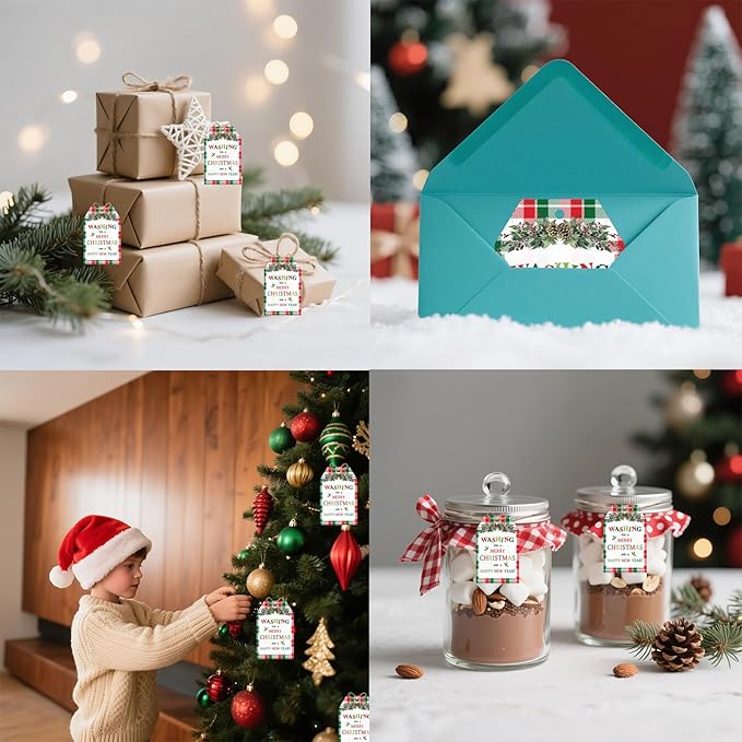 60Pcs Merry Christmas Tags with String, 3.3x2.1 Inch Buffalo Plaid Holiday Gift Tags, Xmas Happy New Year Tag with Holly for Winter Party Candy Bag Envelope Presents Gift Favor