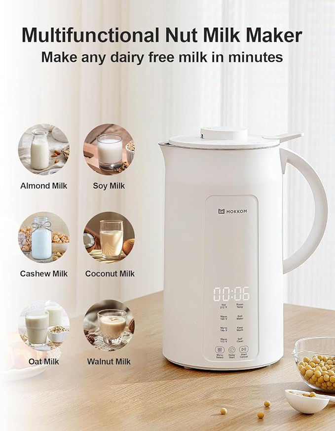MOKKOM Nut Milk Maker, 42oz Automatic Almond Milk Machine for Homemade Plant-Based Milk, Oats, Soy, Dairy Free Beverages, Soy Milk Maker with Delay Start/Keep Warm/Self-Cleaning/Boiling, White