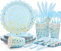 Blue and Gold Party Decorations 175PCS Light Blue Paper Plates and Napkins and Cups With Blue Plastic Forks Knives Spoons for Wedding Birthday Party Baby Shower Decorations Boy