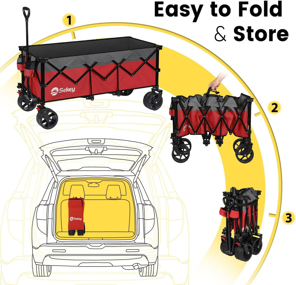Sekey 48''L Collapsible Foldable Extended Wagon with 440lbs Weight Capacity, Heavy Duty 300L Folding Utility Garden Cart with Big All-Terrain Beach Wheels & Drink Holders. Red&Grey