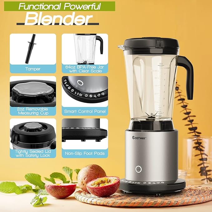 COSTWAY Professional 64oz Countertop Blender, Smoothie Maker Built-in Self-Cleaning with 10 Speed Control & 8 Pre-Set Programs, Pitcher, Crushing Blender for Smoothies, Frozen Fruit, 1500W