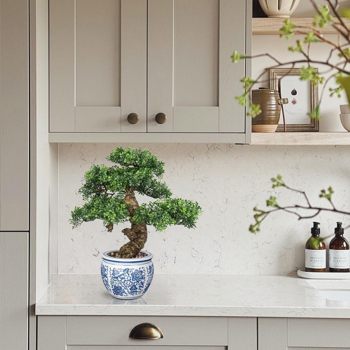 Fake Bonsai Tree Bonsai Plant 17” Tall Artificial Bonsai Trees with Blue and White Porcelain Decorated with Pebbles Desk Plant Indoor Bonsai for Home Office Decor
