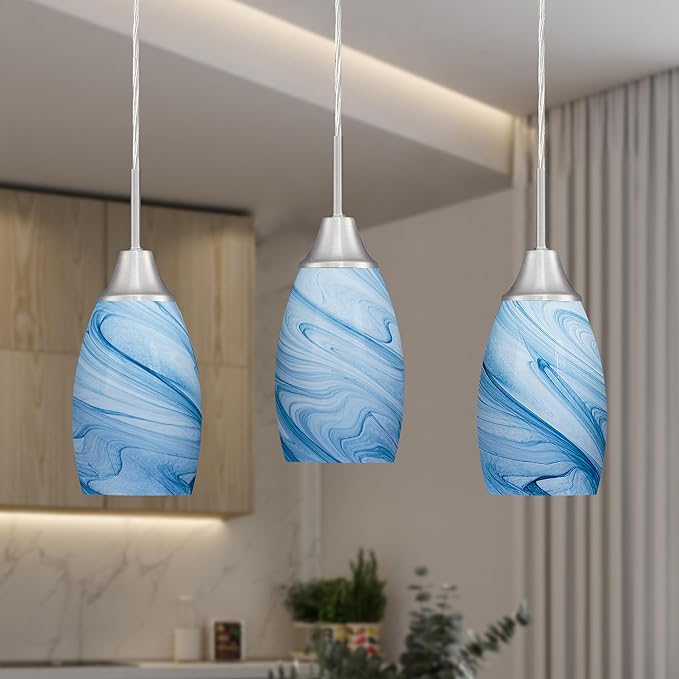 Mini Glass Pendant Light with Handblown Blue Marble Art Glass Shade Adjustable Cord Modern Oval Lamp Ceiling Pendant Light Fixture for Dining Room, kitchen,Foyer, Hallway, Brushed Nickel Finish 3 Pack