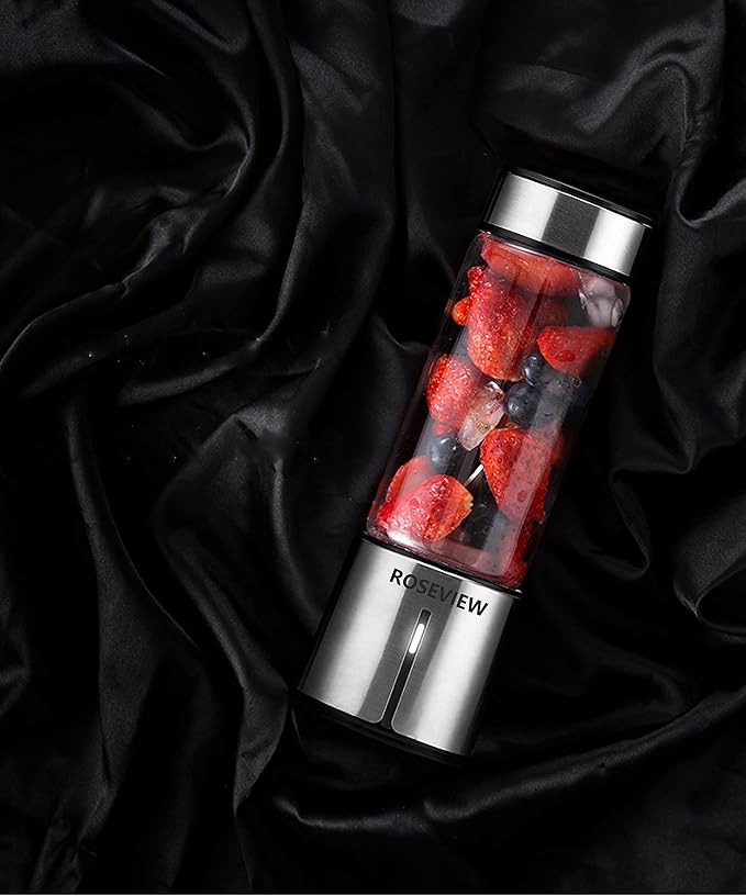 Portable Smoothie blender Glass bottle Mini USB rechargeable 2 battery Handheld Shakes blend Cup USB juicer Cordless (BlackSteel)