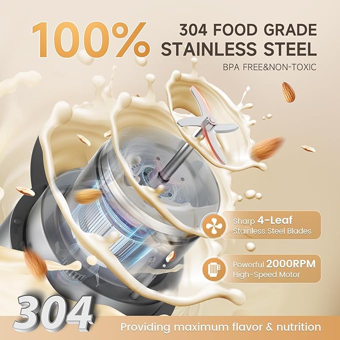 50oz Almond Milk Maker Machine (Built-in Filter) Make Plant Based Milk, Soup & Juice, 6-7 Cups Per Batch, 304 Stainless Steel, 5.3 lb, Automatic Cleaning, 8-IN-1 Nut Milk Maker for Soy & Oat (Silvery)