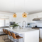 Amber Glass Pendant Lights Kitchen Island Gold Hanging Light Fixture Glass Globe Pendant Light Modern Pendant Lighting for Kitchen Island Bedroom Dining Room (7.87", 2 Pack)