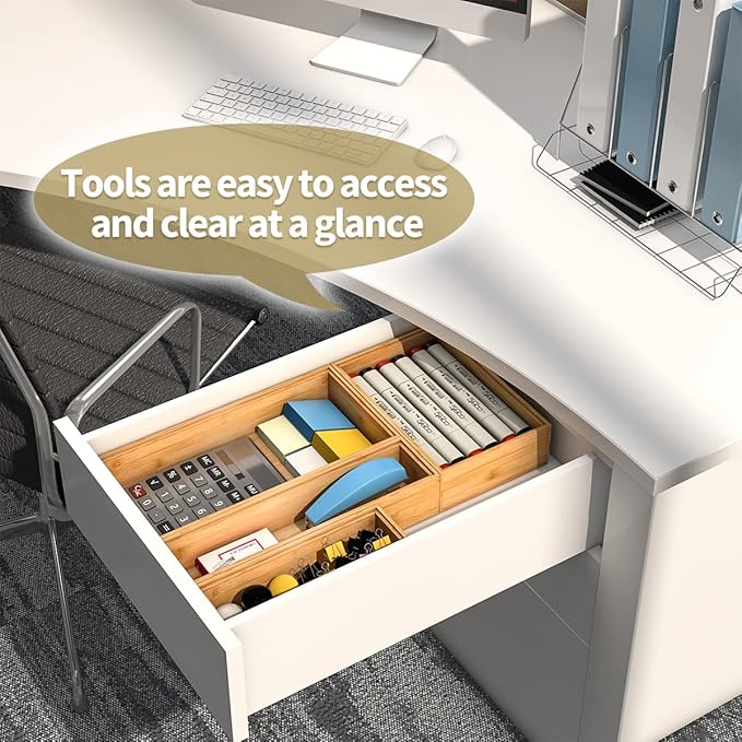 Bamboo Kitchen Drawer Organizer, Stackable Silverware Tray Utensil Organizer Cutlery Holder for Kitchen,Wooden Storage Box for Bathroom, Multi-Use Storage Bins Dividers for Office(12x3x2.5 inch）