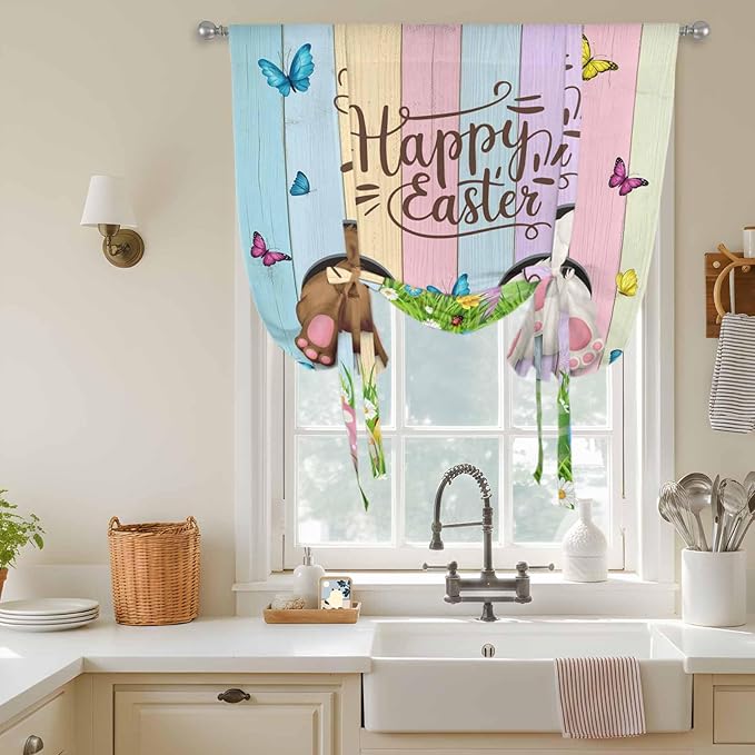 Tie Up Curtains,Happy Easter Rabbit Butt Egg on Daisy Leaf Adjustable Rod Pocket Window Shade Curtain Drape Bufferfly on Wood Barn Tie-Up Valance for Kitchen Bedroom Living Room Windows,34"x45"