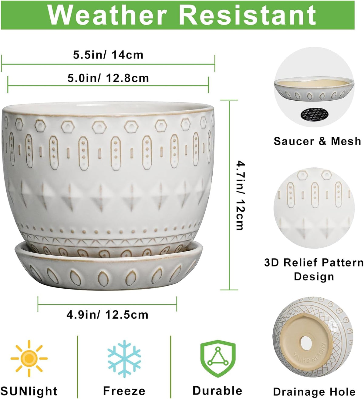 G EPGardening Ceramic Plant Pot - Succulent Pots with Drainage Hole and Saucer 5 Inch Planter for Indoor Plants Outdoor Decorative Round Flower Pot White