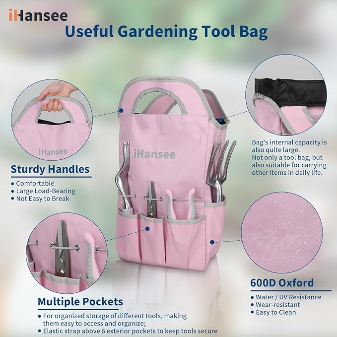 Pink Garden Tool Sets 12 Pieces, iHansee Aluminum Gardening Hand Tools with Non-Slip Handle, Kneeling Pad, Apron, Gloves and Organizer Bag, Landscaping Tools - Gift for Women & Garden Enthusiasts