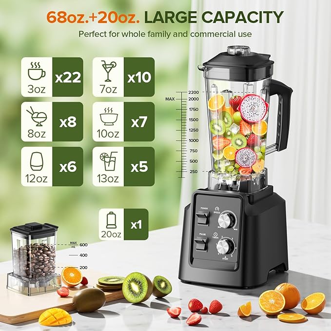 Blenders for Kitchen, Blender & Grinder Combo, Smoothie Blender, 68Oz Pitcher for Crushing Ice, Puree and Frozen Fruit with Autonomous Clean, BPA-Free, Black