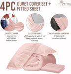 Pizuna 100% Cotton Queen 3 Pc Duvet Cover + 1 Pc Fitted Sheet Set 400 Thread Count Light Pink Sateen Weave Luxurious Long Staple Cotton 4 Piece Bedding Set-1 Duvet Cover,2 Pillow Shams,1 Fitted Sheet
