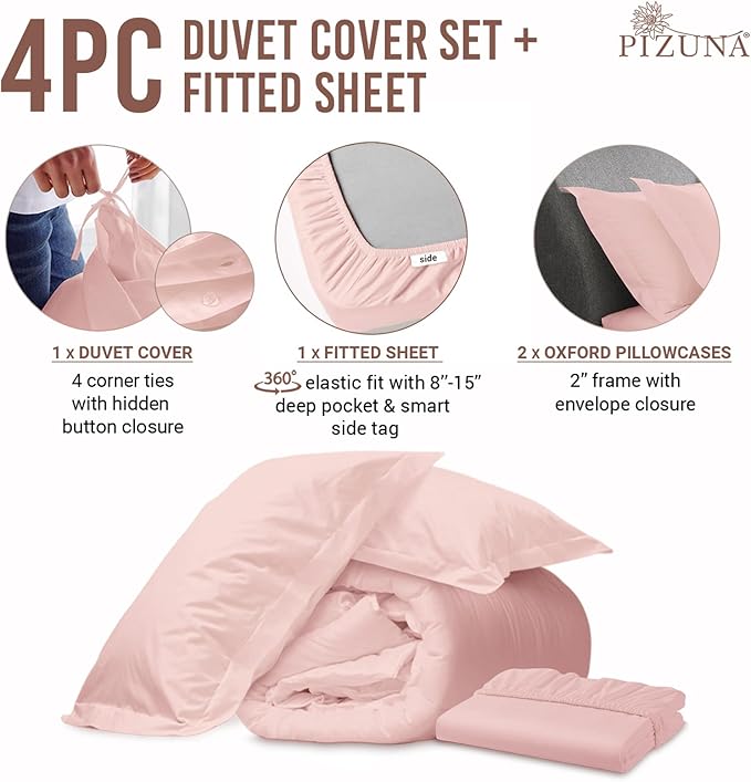 Pizuna 100% Cotton Full 3 Pc Duvet Cover + 1 Pc Fitted Sheet Set 400 Thread Count Light Pink Sateen Weave Luxurious Long Staple Cotton 4 Piece Bedding Set-1 Duvet Cover, 2 Pillow Shams, 1 Fitted Sheet
