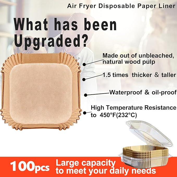 Air Fryer Disposable Paper Liner Square 10 Inch, 100Pcs Largest Square Air Fryer Paper Liners for 8-12QT Air fryer, Non-stick Food Grade Parchment Paper for Frying, Cooking, Roasting and Microwave