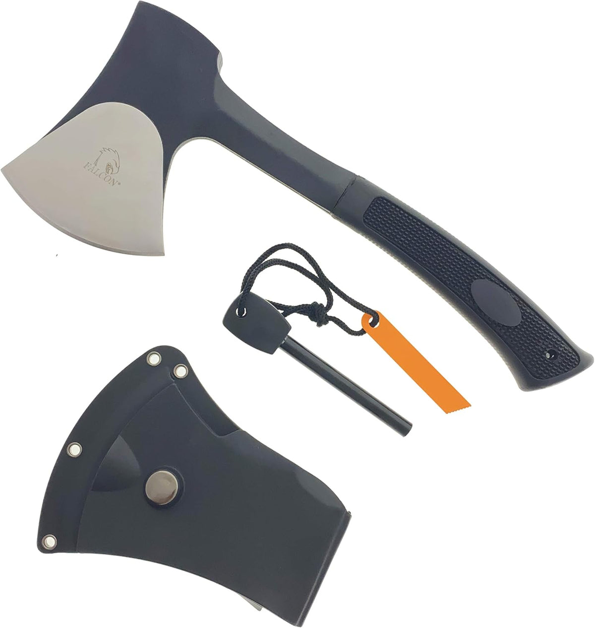 K-Musculo Otakumod 11" Tactical Ranger Axe. Hatchet. Stainless Steel Blade with Hard Cover. for Outdoor Camping - Hiking to Cut Branches, Make Fire. EDC Tasks (Black-Fire Starter)