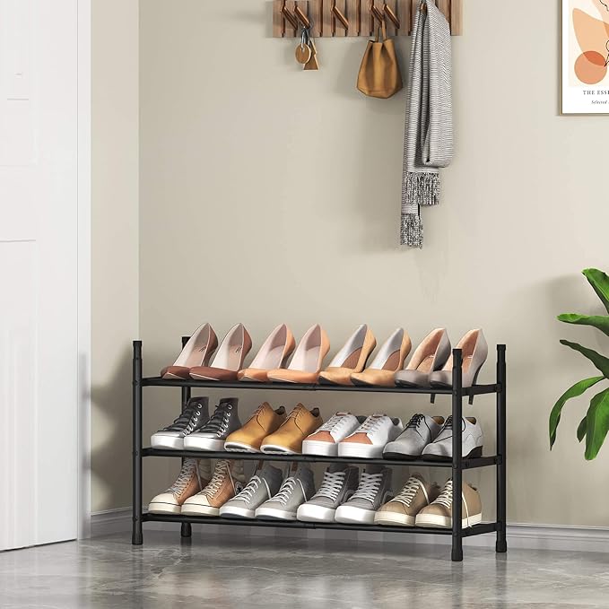 TZAMLI 3-Tier Shoe Rack for Closet, Expandable and Stackable Shoe Organizer Adjustable Metal Shoe Storage Small Shoe Shelf for Entryway Entrance, Black