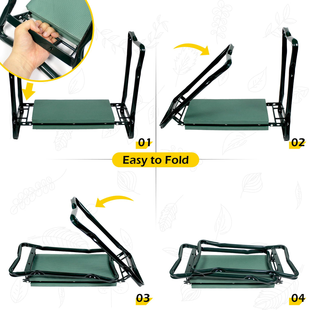 MaxWorks 50921 Folding Garden Kneeler Stool with 8 inch Wide Kneeling Pad, with 1 Tools Pouch for Planting and Gardening