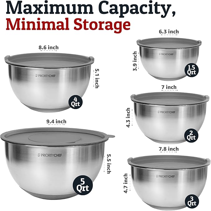 Priority Chef Stainless Steel Mixing Bowls with Lids Set, 3 Grater Attachments, Airtight Lids, Non-Slip Silicone Base Mixing Bowl Set, Large Prep Metal Mixing Bowls for Kitchen, Grey