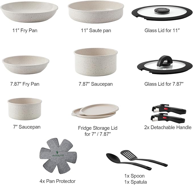 17pcs Pots and Pans Set Non Stick from France, Ceramic Cookware Set with Removable Handle, Induction RV Kitchen Cookware Set, Stackable, PFOA and PFAS Free, Oven Safe