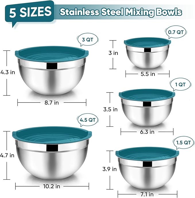 TeamFar Mixing Bowl Set of 5, Stainless Steel 4.5/3/1.5/1/0.7 QT Metal Nesting Salad Bowls with Lids, Ideal for Mixing Serving Tossing, Non-Toxic & Sturdy, Airtight Lid & Easy Clean, Blue