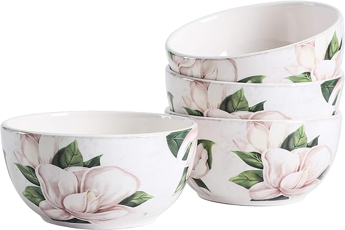 Bico Magnolia Floral Cereal Bowls Set of 4, 26 oz Deep Ceramic Soup Bowls for Cereal, Salad, Noodles, Kitchen, Microwave and Dishwasher Safe, Gift for Housewarming and Thanksgiving