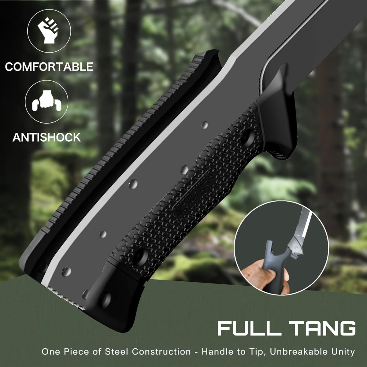 NedFoss 16" Survival Machete with Sheath, D2 Steel 0.22" Thick Full Tang Blade Machete Knife with Flat Grinding, Machete for Cutting Trees, for Yard Work, Clearing Brush with TPE Handle
