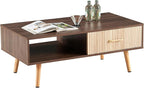 Mid Century Wooden Coffee Table with Stripe Drawer，Modern 41" Large Center Table with Storage，Rectangular Walnut Wood Coffee Tables for Living Room, 2-Tier Cocktail Table, Solid Wood Legs