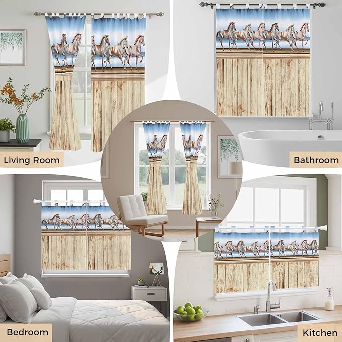 Western Horse Kitchen Curtains 45 Inch Length, Short Cafe Window Curtains Tab Top, Farmhouse Wooden Grain Vintage Cowboy Barn Door Light Filtering Window Treatments Tier Drapes 27.5"x45" 2 Panel