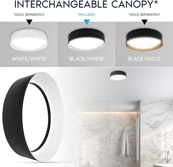 LUXRITE 17-Inch LED Flush Mount Ceiling Light, 5CCT Selectable 2700K–5000K, 2420 Lumens, 34W, CRI 90, Dimmable, Damp Rated, Decorative Flush Mount with Interchangeable Canopy - Black & White Finish