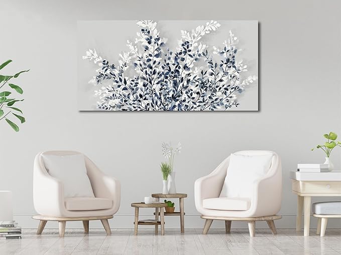 NINEASO Botanical Flowers Wall Art - Indigo Blue and White Floral Canvas Pictures Spring Blooming Painting Gray Background Printing Artwork Living Room Bedroom Home Office Wall Decor 29" x 58"