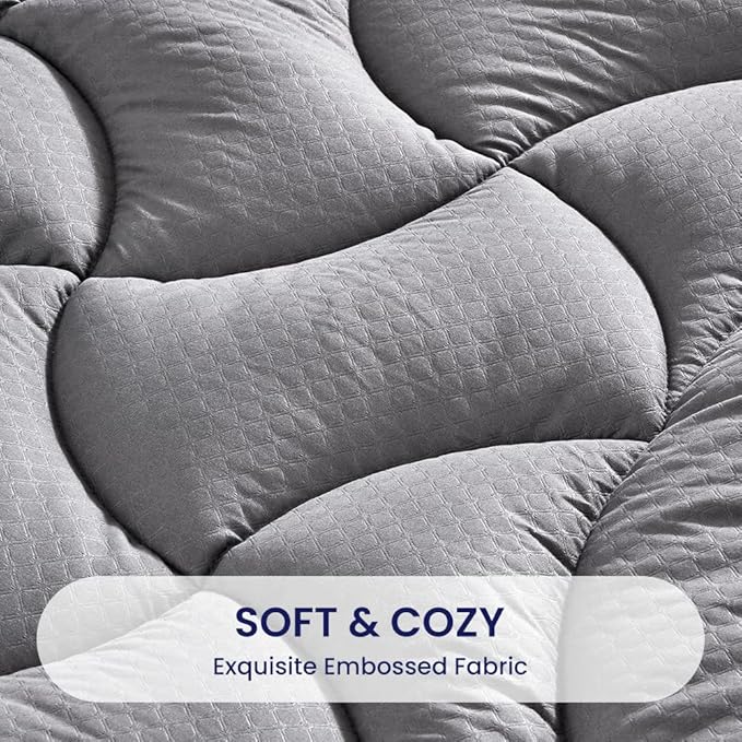 SLEEP ZONE Grey Waterproof Mattress Pad Full Size, Premium Soft Embossed Mattress Topper, Quilted Fitted Mattress Protector Cover with Elastic Deep Pocket (Grey, Full)