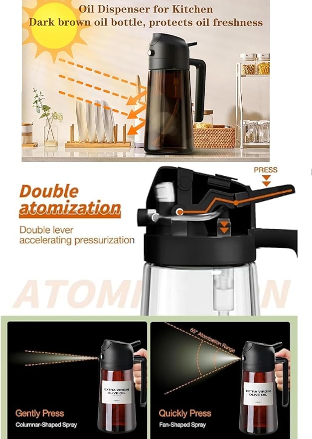 2 In1 Olive Oil Edible oil Dispenser for Kitchen, 16oz Oil Sprayer Bottle for Cooking, Glass Oil BottleSpray and Pour，Food-Grade Mister for Air Fryer, Salad,Baking，BBQ, Upgraded Light Blockin