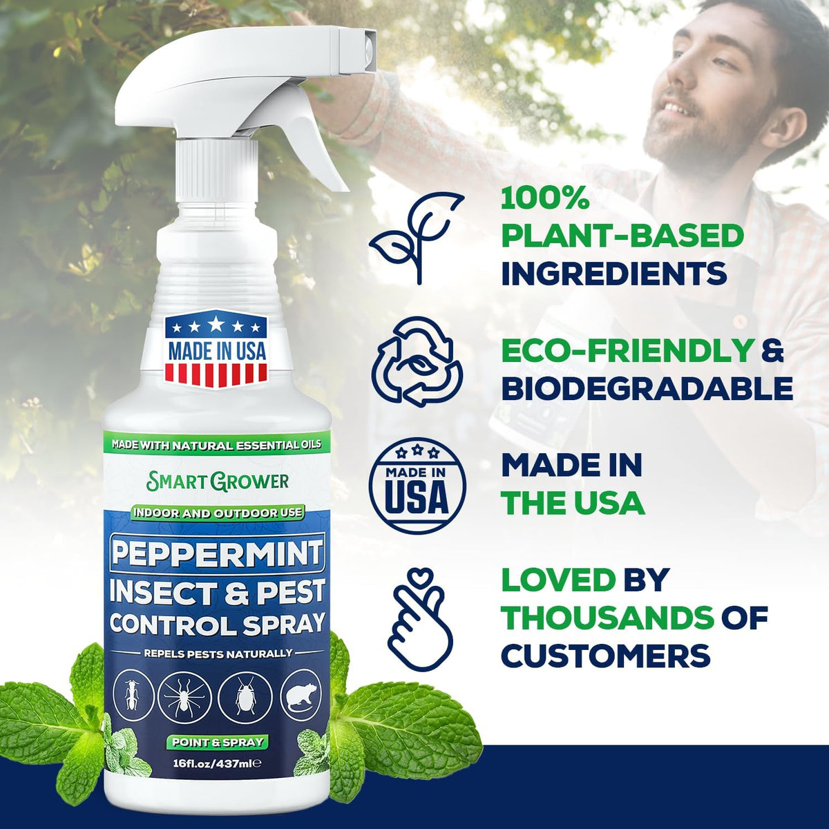 All Natural Peppermint Oil Insect & Pest Control Spray Repels Mice, Spiders, Ants, for Home, Indoor, Outdoor, Garden Maximum Strength Smart Grower Ready to Use 16 FL OZ
